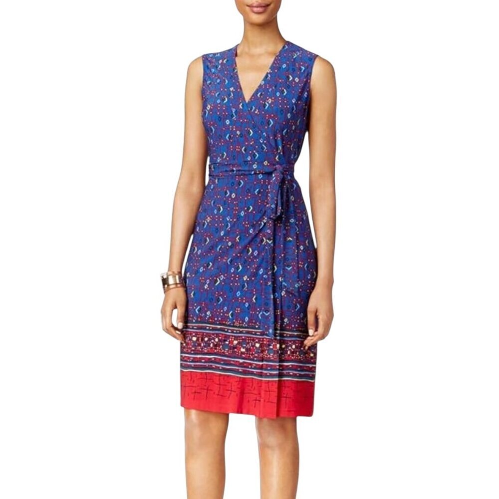 Anne Klein Blue Geo Print Wrap Dress Size 10 Tie Waist V-Neck
